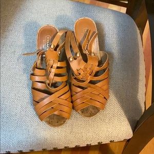 Leather cognac cork coach sandals/heels